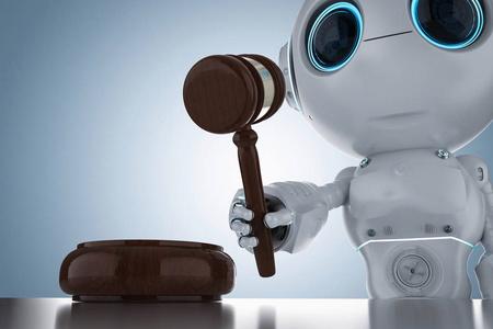 互联网法律概念与3d渲染可爱机器人手持木槌裁判照片